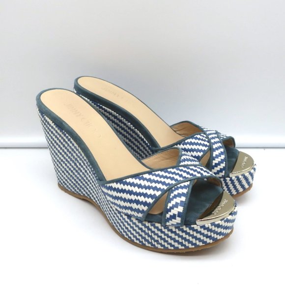 JIMMY CHOO PERFUME CRISSCROSS PLATFORM WEDGE SANDALS BLUE WOVEN RAFFIA SIZE 37 - Picture 3 of 11